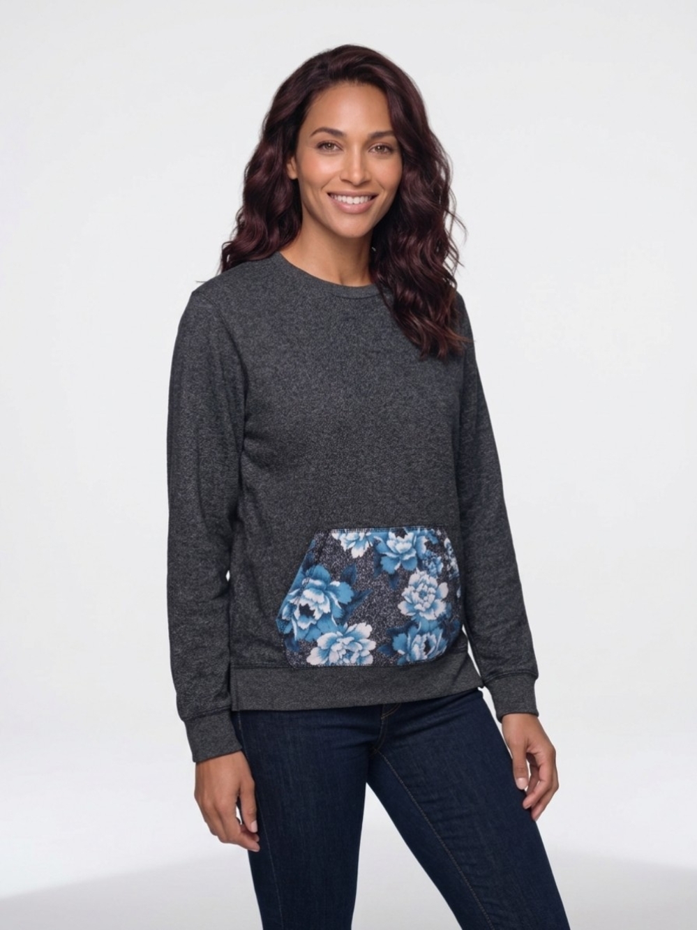 on the byas Charcoal Crewneck Sweatshirt with Blue Floral Pocket